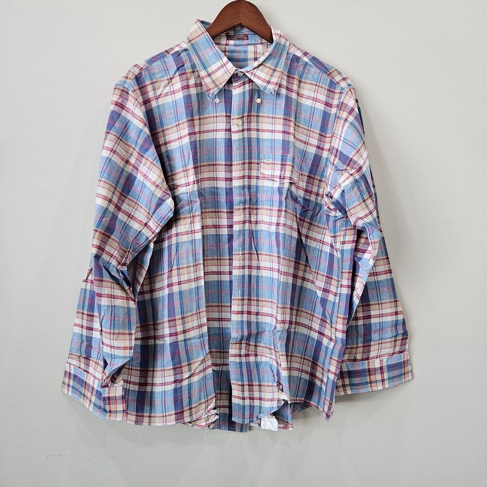 India Madras Plaid Mens Button Down Shirt XL Blue Country Preppy Casual Office